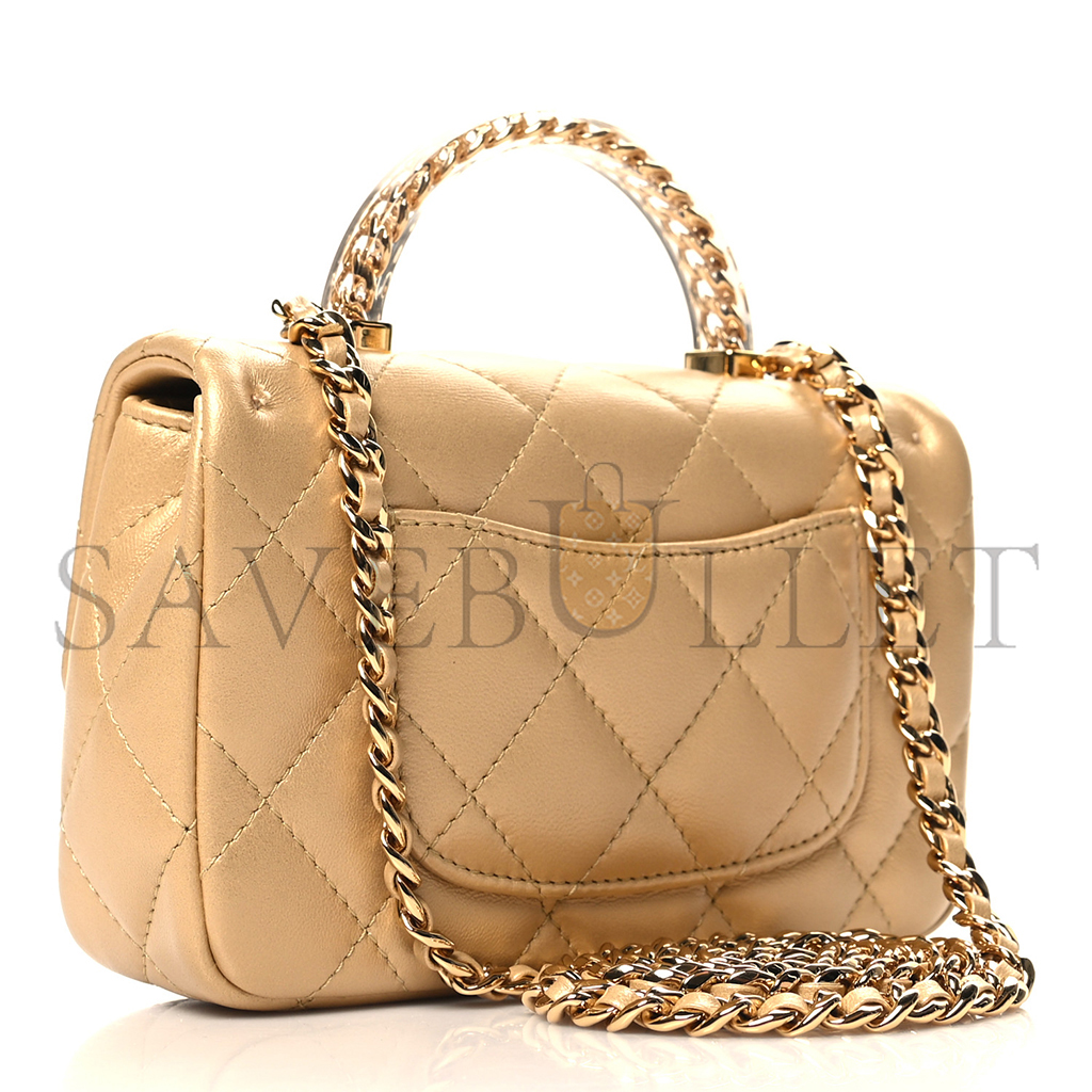 Ch*el master lambskin quilted mini resin top handle rectangular flap gold (19*12*6cm)